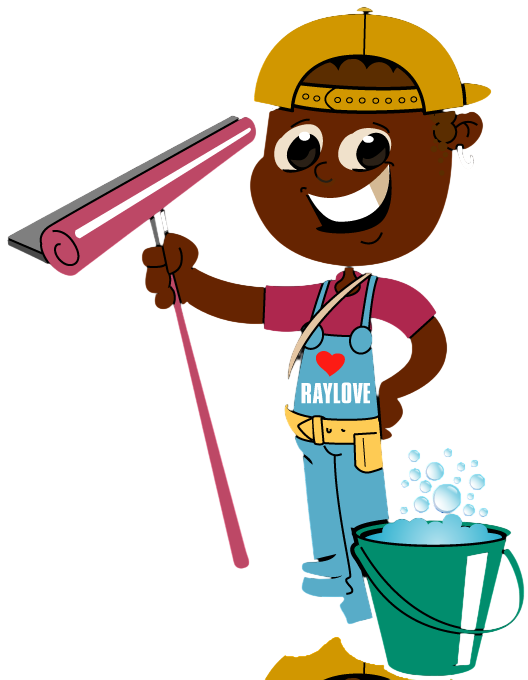 A cheerful cartoon character holding a paint roller, wearing a cap and a shirt that says "RAYLOVE," stands next to a bucket with bubbles. The character has a big smile and is dressed in casual overalls.