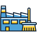 Illustration of a factory building with a broom, symbolizing cleaning services. The design features a blue and yellow color scheme, emphasizing a professional approach to cleanliness.