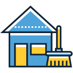 Logo featuring a blue house with a yellow door and a broom, representing a window cleaning service.