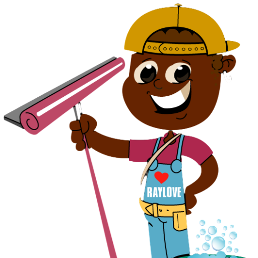 A cheerful cartoon character holding a window squeegee, wearing a cap and a shirt that says "I ❤️ RAYLOVE." The character is surrounded by bubbles, suggesting a cleaning theme.